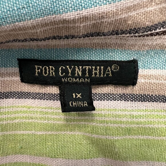 For Cynthia Woman Blue Green Cream Stripe Button Down Shirt Jacket Shacket 1X - Picture 5 of 7